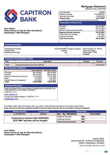 Download Mongolia Capitron Bank mortgage statement Word and PDF template Photoshop template